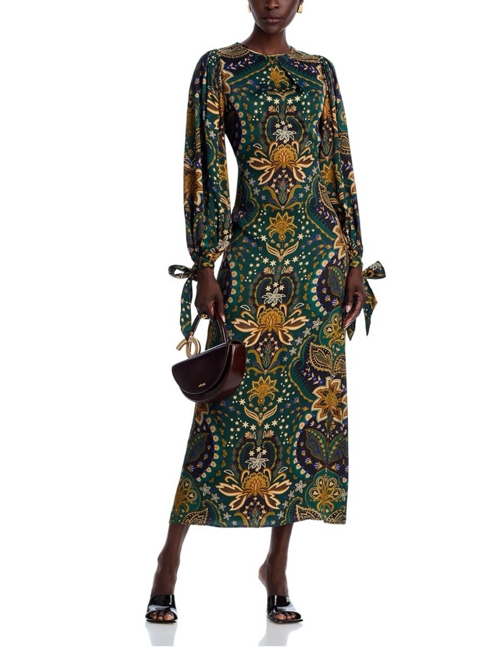FARM Rio Green Paisley Print Long-Sleeve Maxi Dress with Gold Accents